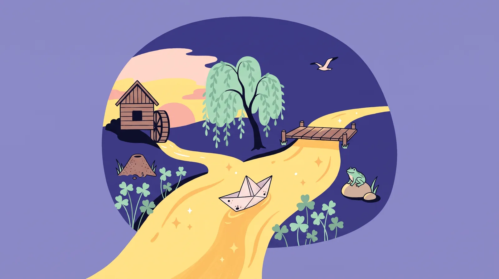 Ilustrație: o barcă de hârtie cu pete de cerneală pe un pârâu auriu, lângă o salcie și o moară mică