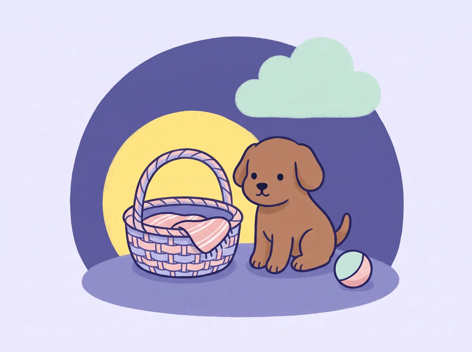 Ilustrație: un cățel stă lângă un coșuleț nou cu o păturică, într-o cameră caldă