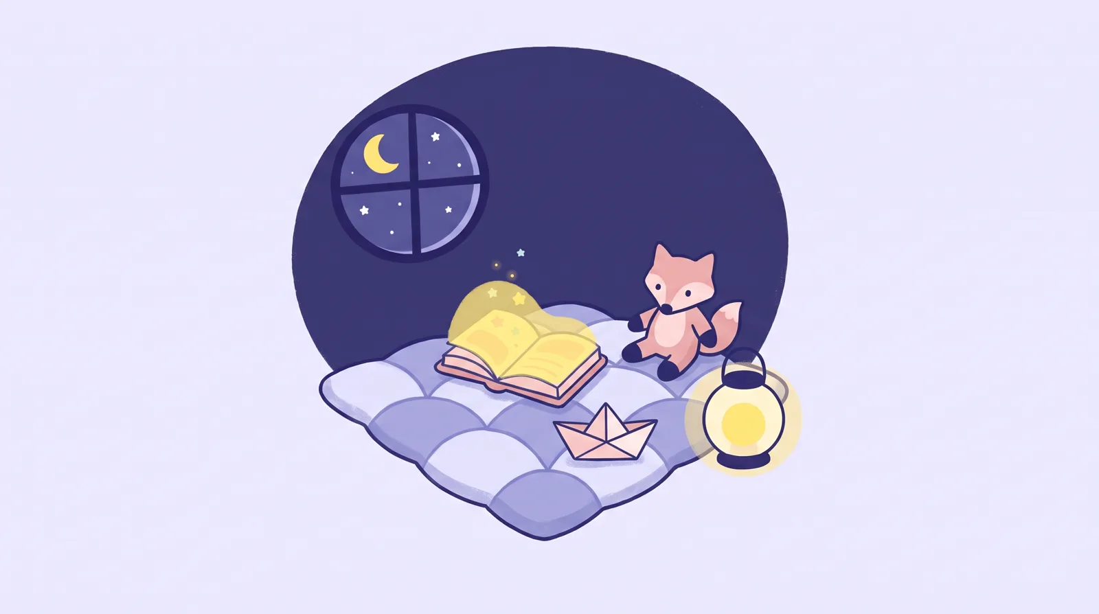Ilustrație: o carte deschisă pe o pătură, cu un felinar, o vulpe de jucărie și luna deasupra