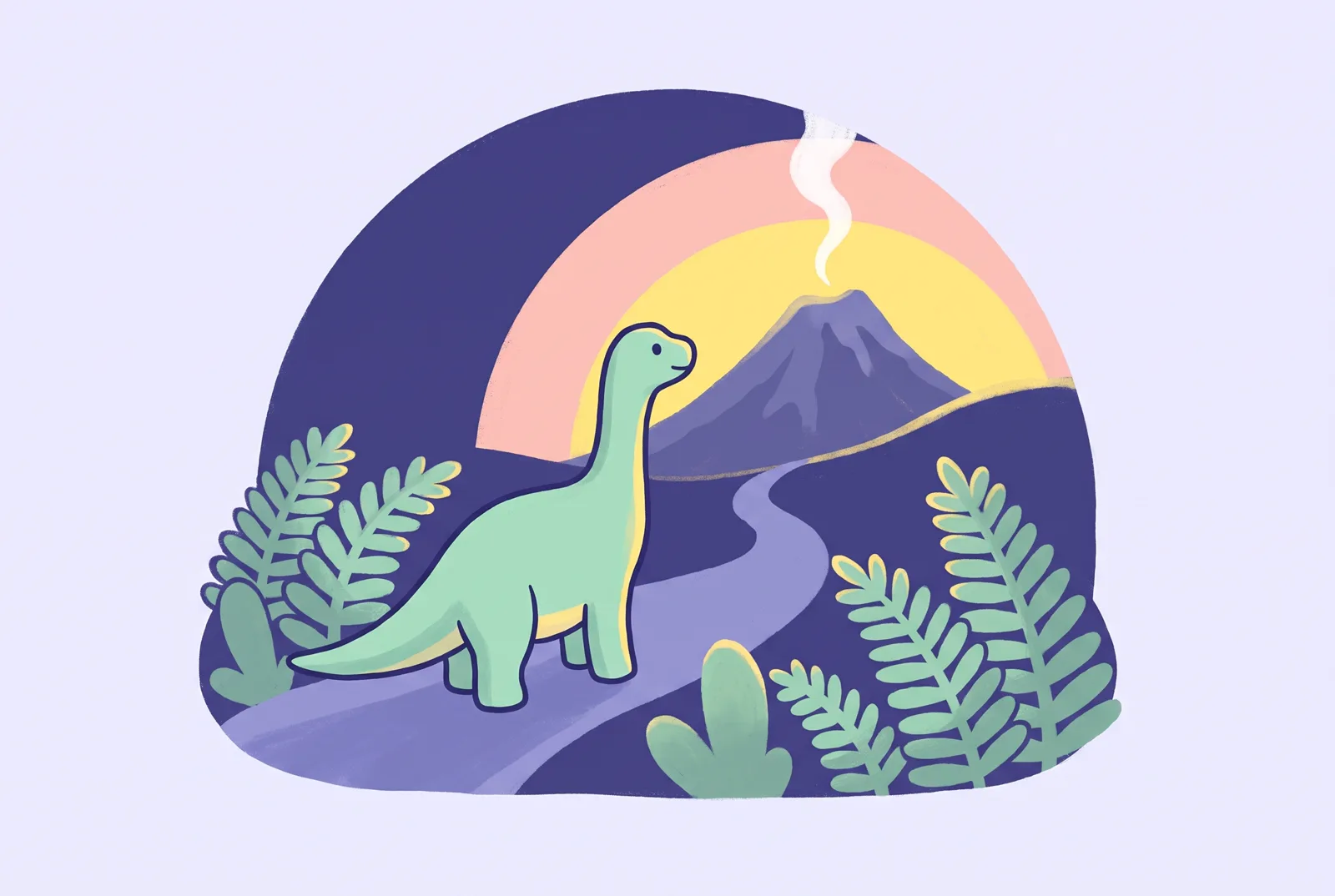 Ilustrație: un dinozaur tânăr cu gât lung privește spre un munte îndepărtat din care iese un fir subțire de fum, la apus