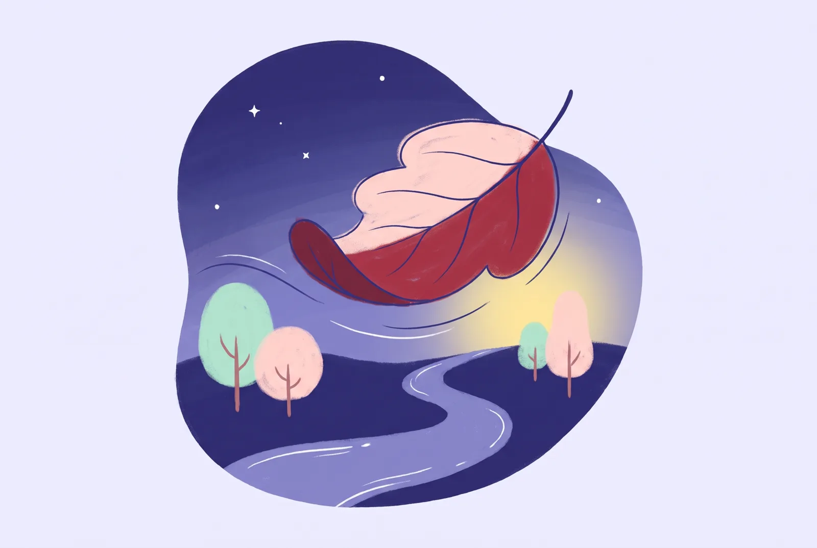 Ilustrație: o frunză roșie de toamnă plutește deasupra unei cărări, pe un cer de seară