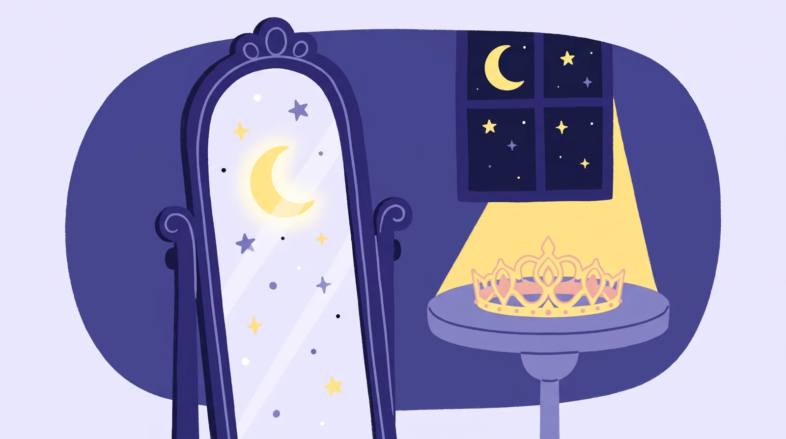 Ilustrație: o oglindă înaltă într-o cameră de turn de castel, cu o coroană pe o măsuță și cerul nopții la fereastră