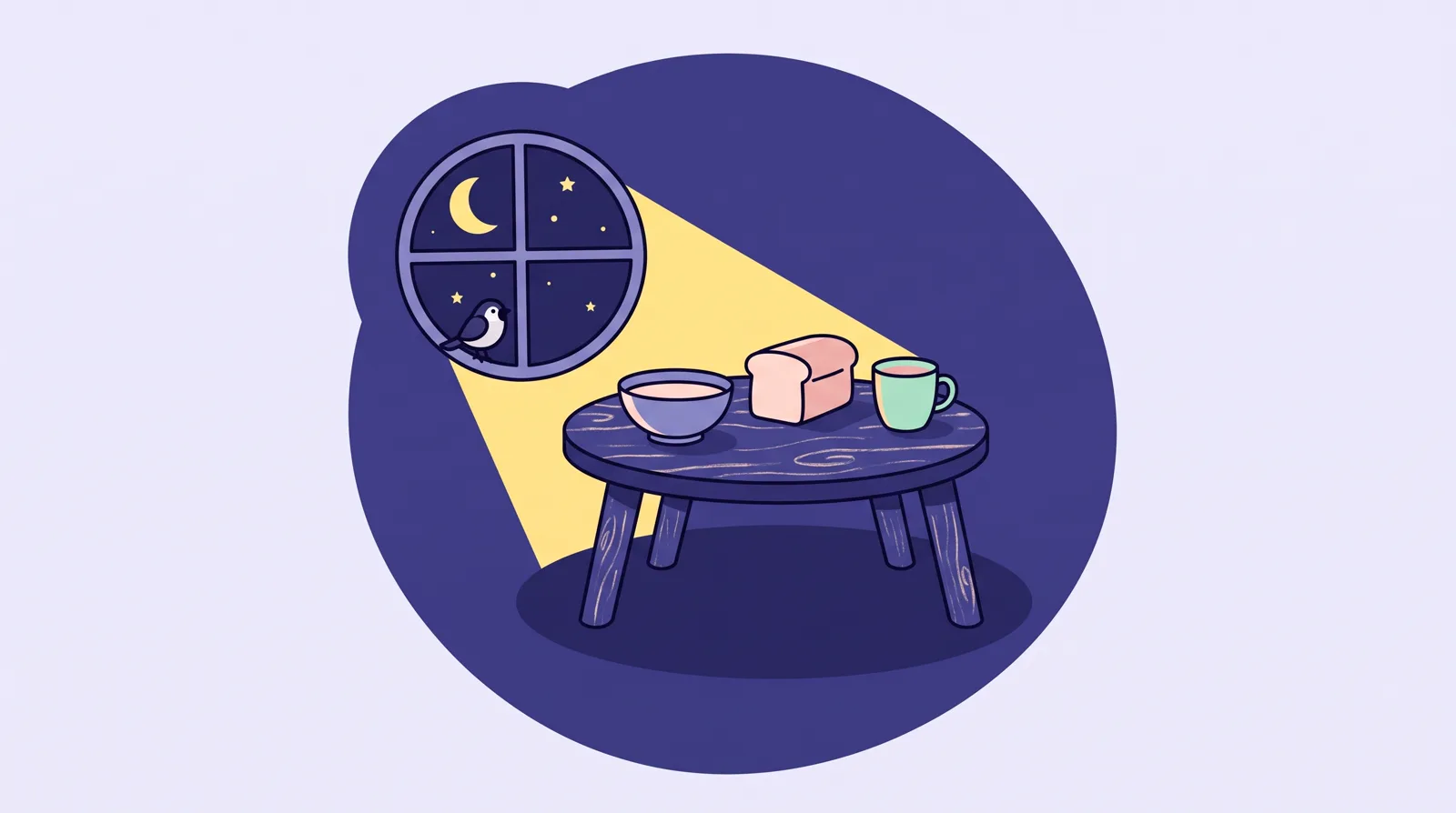 Ilustrație: o masă mică cu o ciorbă, o felie de pâine și o cană, iar pe pervaz o vrăbiuță