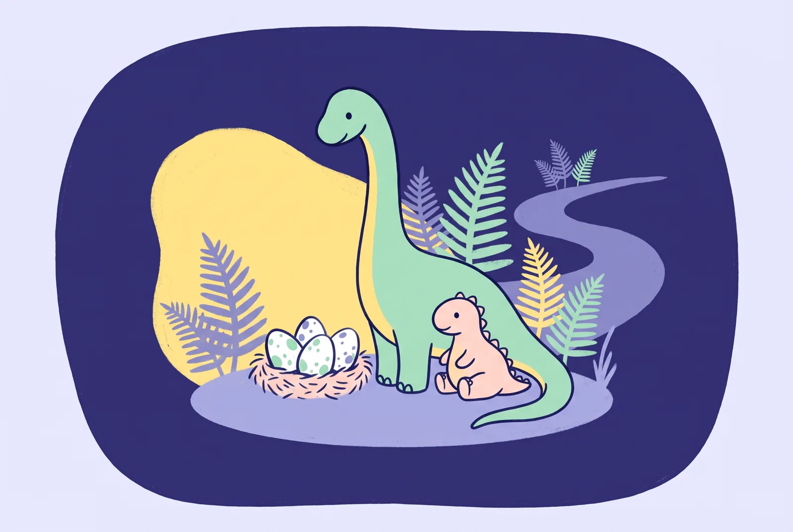 Ilustrație: doi dinozauri, unul înalt cu gât lung și unul mic și rotund, așezați lângă un cuib cu trei ouă pestrițe