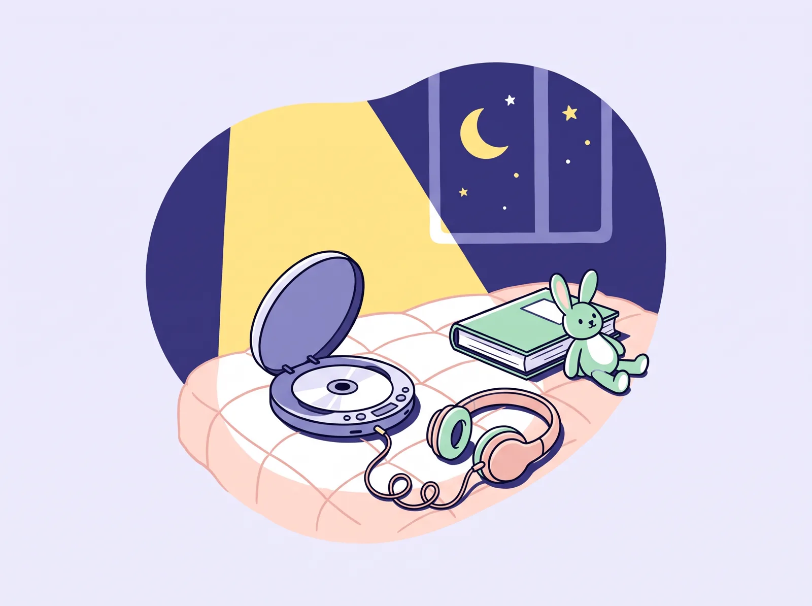 Ilustrație: un CD player portabil deschis pe o cuvertură, lângă căști mici, o carte închisă și un iepuraș de pluș, cu luna la fereastră