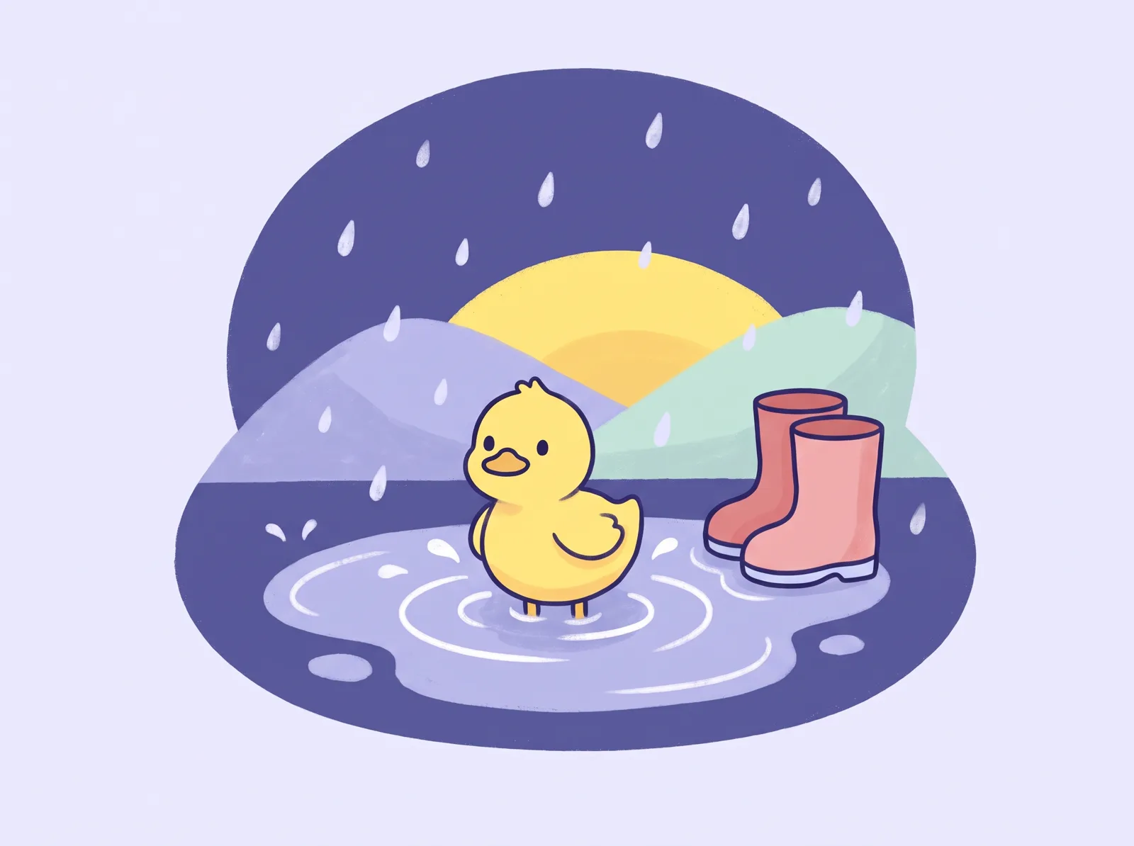 Ilustrație: o rățușcă galbenă într-o băltoacă, lângă o gheată roșie de cauciuc, pe ploaie liniștită