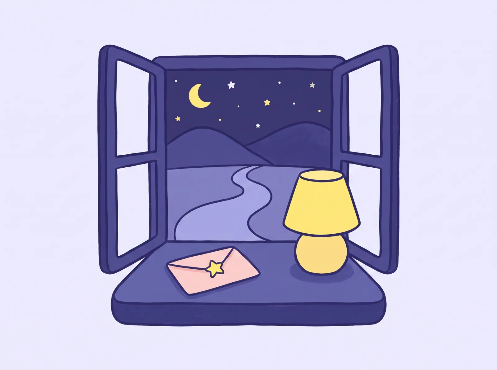 Ilustrație: un plic cu o steluță pe pervazul unei ferestre, noaptea, cu un drum care se pierde spre dealuri
