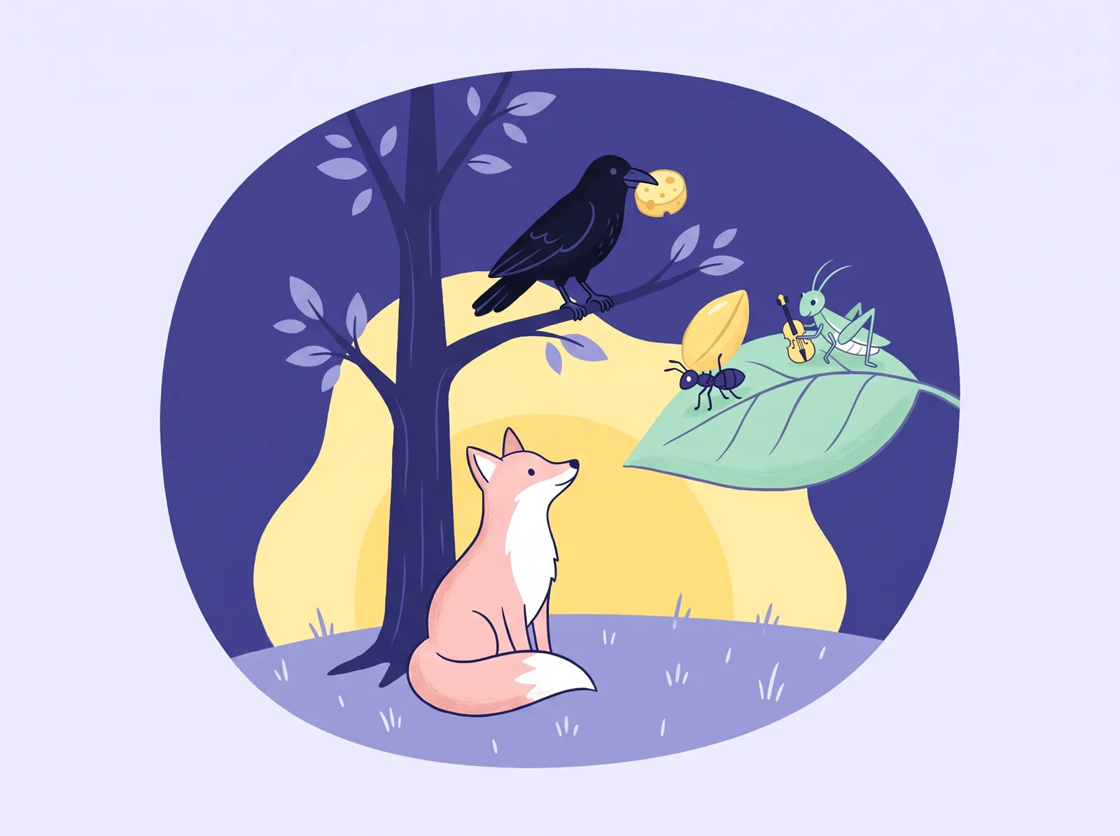 Ilustrație: o vulpe sub o creangă pe care stă un corb cu o bucată de cașcaval, alături o furnică și un greier cu vioară
