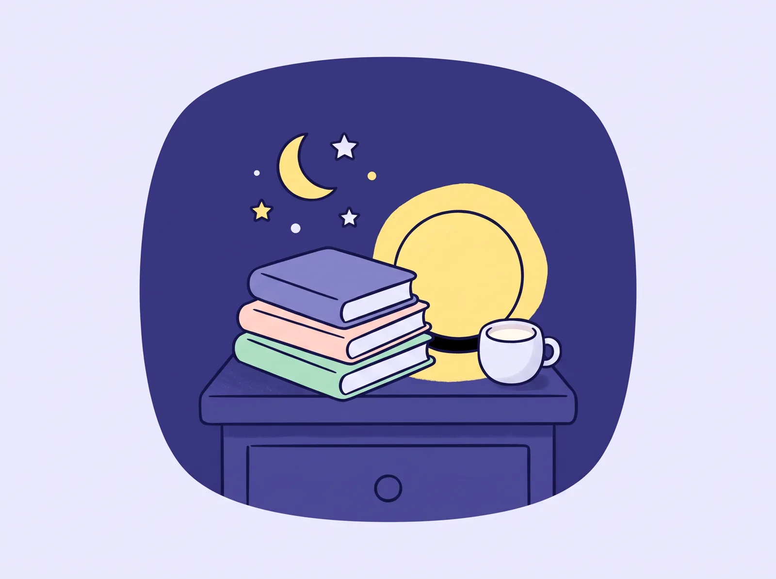 Ilustrație: un teanc de cărți pentru copii lângă o veioză aprinsă și o cană cu lapte, cu luna deasupra