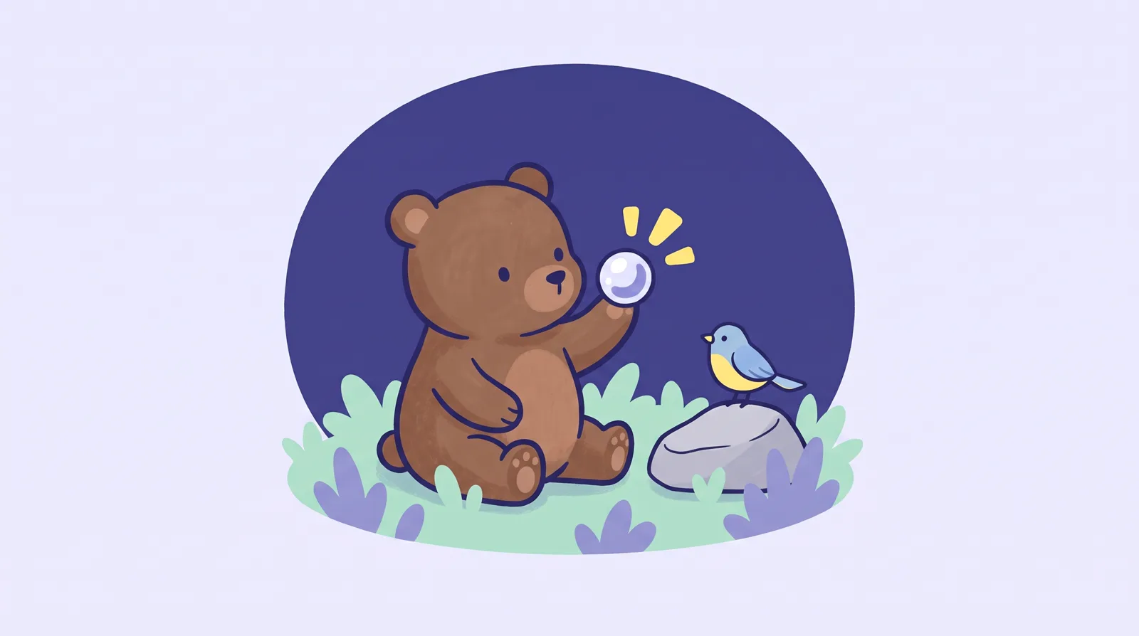 Ilustrație: un pui de urs în iarbă ține o mărgică de sticlă strălucitoare, iar o păsărică stă pe o piatră lângă el