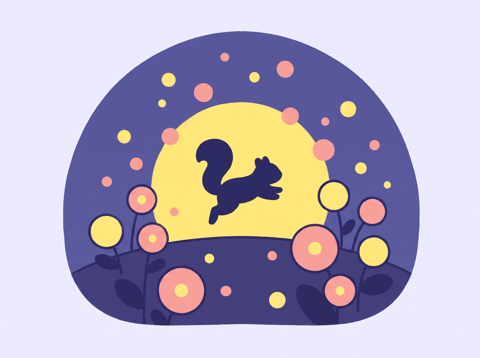 Ilustrație: o veveriță sare printre flori și cercuri colorate, sub un soare mare, de bucurie
