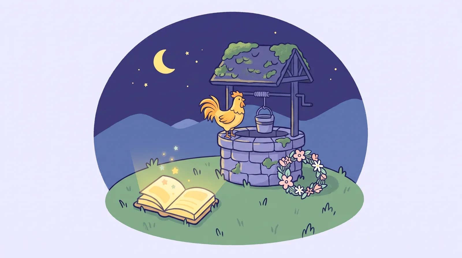 Ilustrație cu motive de basm românesc, pe un fundal de țară
