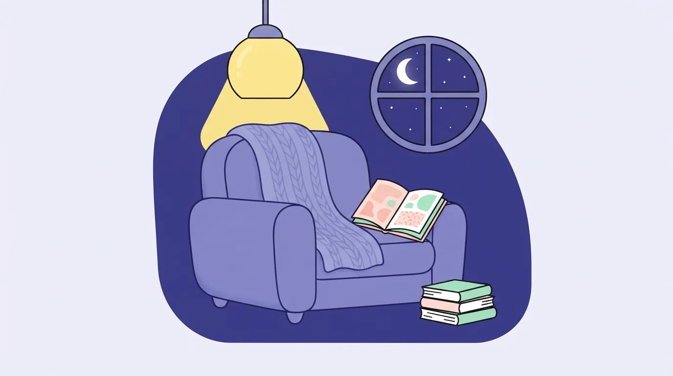 Ilustrație: un fotoliu cu o pătură tricotată, o carte cu poze deschisă pe braț și trei cărți cartonate pe jos, sub o lampă caldă, cu luna în fereastră