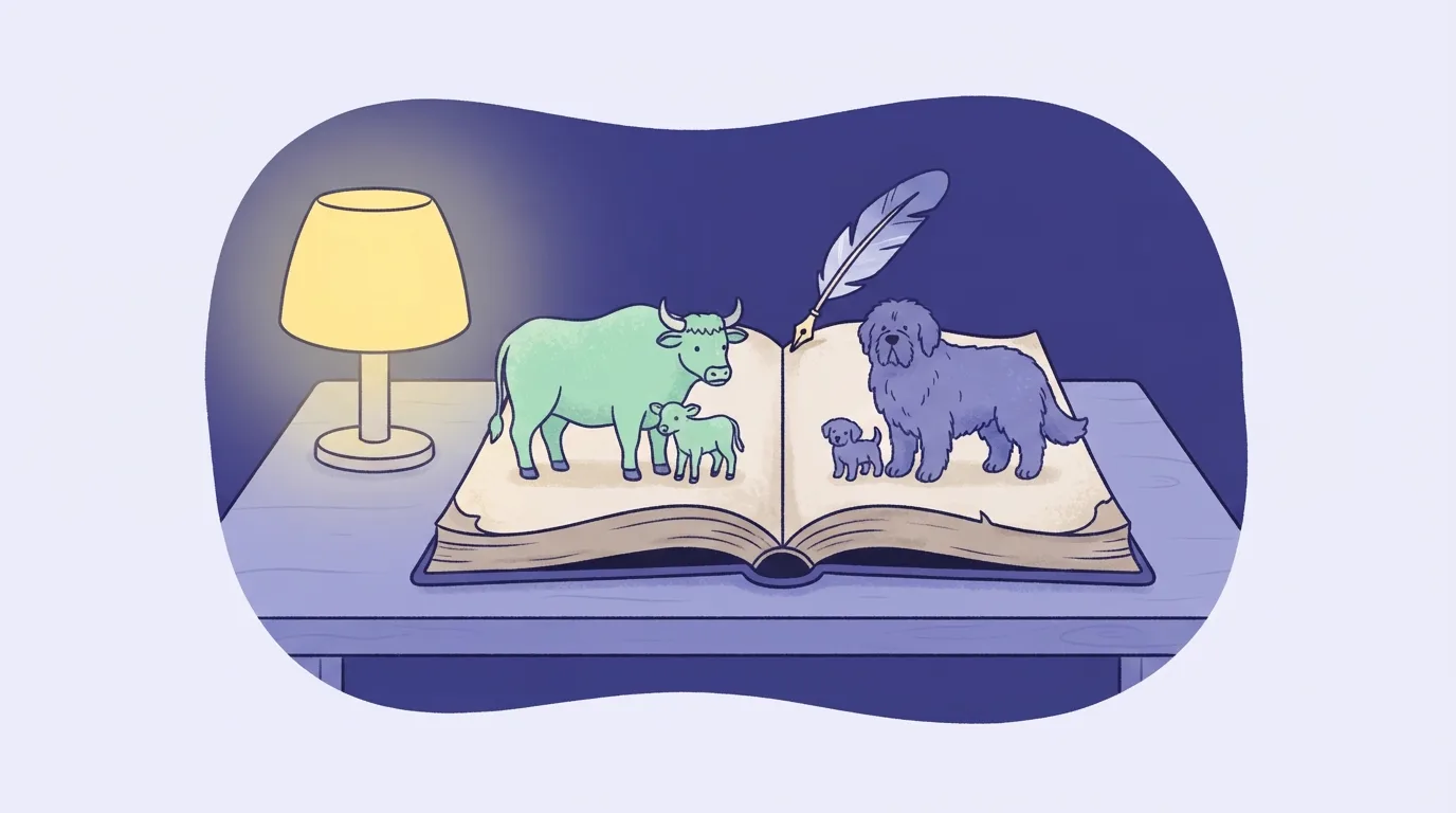 Ilustrație: o carte veche deschisă, pe paginile căreia stau un bou cu un vițel și un câine mare cu un cățel, lângă o pană de scris