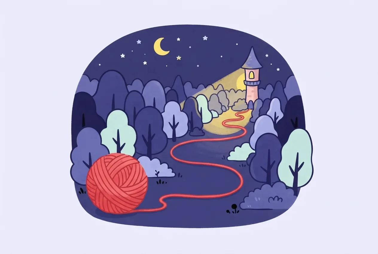 Ilustrație: un ghem de lână roșie care își desfășoară firul pe o cărare prin pădure spre un turn îndepărtat