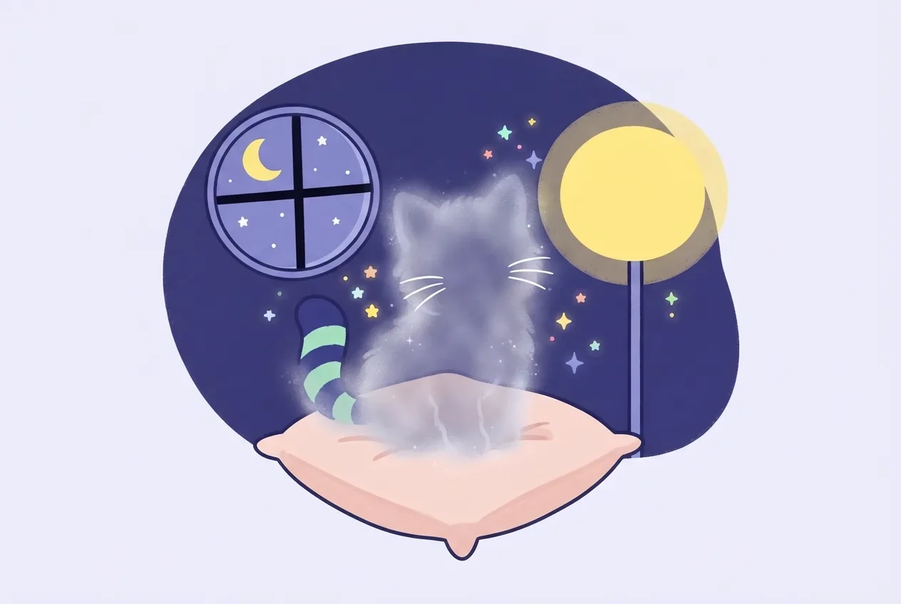 Ilustrație: un pisoi cenușiu pe o pernă, pe jumătate transparent, cu mustăți și coadă vizibile, într-o cameră luminată de lună