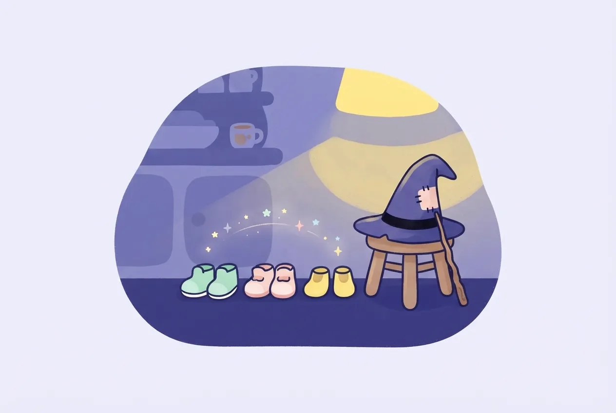 Ilustrație: o pălărie de vrăjitoare cârpită, o baghetă de lemn și un rând de pantofi mici cu scântei deasupra, într-o bucătărie caldă